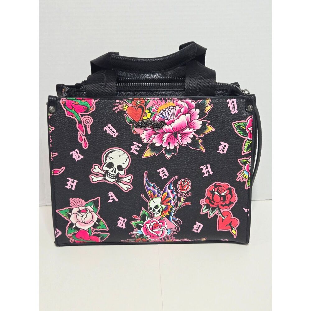 Ed Hardy Vintage Tattoo Print Satchel Bag | Black Rose Skull Y2K Handbag | EUC